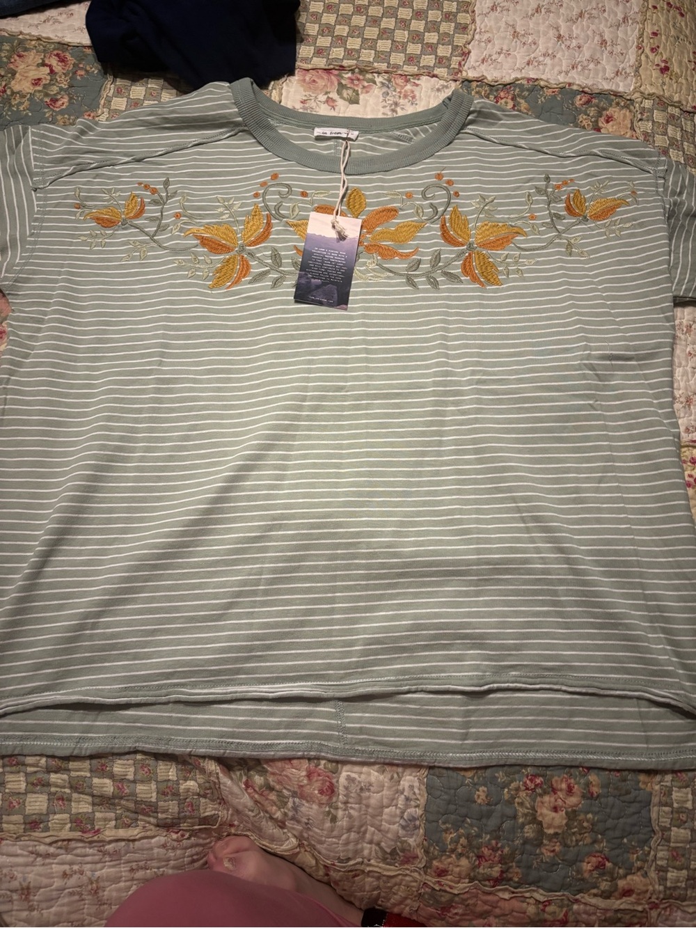 In Loom Striped Sage Green Embroidered Crewneck Shirt - Medium
